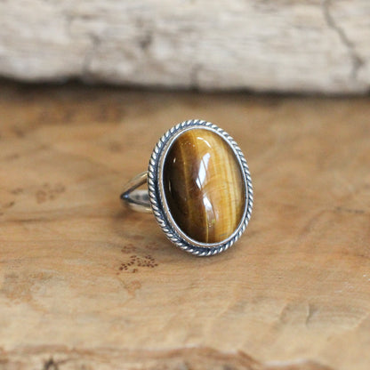 Boho Oval Tigers Eye Ring - .925 Sterling Silver