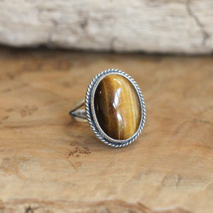 Tigers Eye Boho Ring - Big Oval Tigers Eye Ring - .925 Sterling Silver - Silversmith