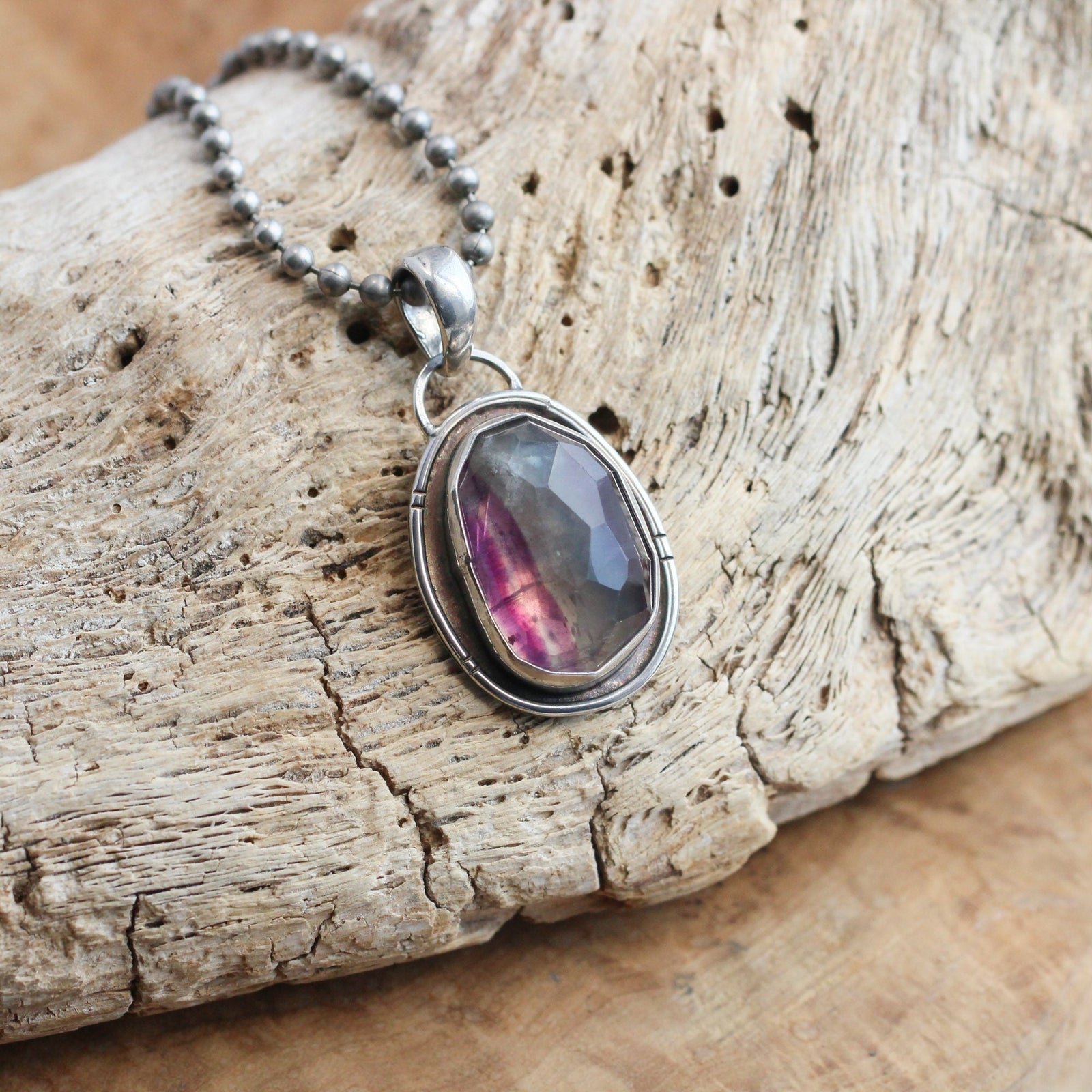 Custom Rose Cut Rainbow Fluorite Pendant – Sterling Silver Silversmith Jewelry