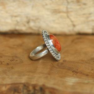 Beaded Red Sponge Coral Ring - Silversmith Ring - Boho Red Coral Ring - Coral Statement Ring