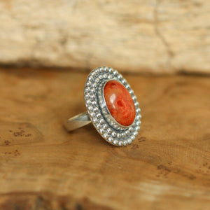 Beaded Red Sponge Coral Ring - Silversmith Ring - Boho Red Coral Ring - Coral Statement Ring