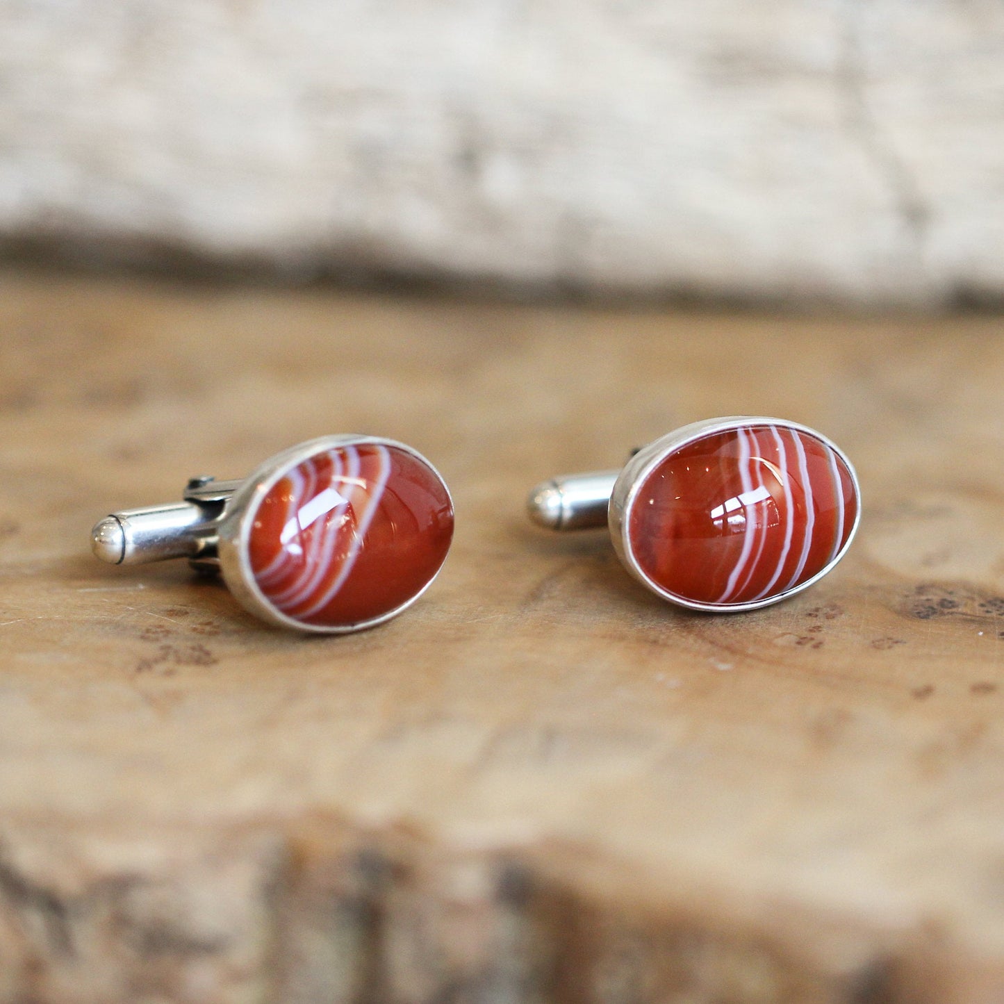 Red Banded Agate Cuff Links - .925 Sterling Silver, Silversmith