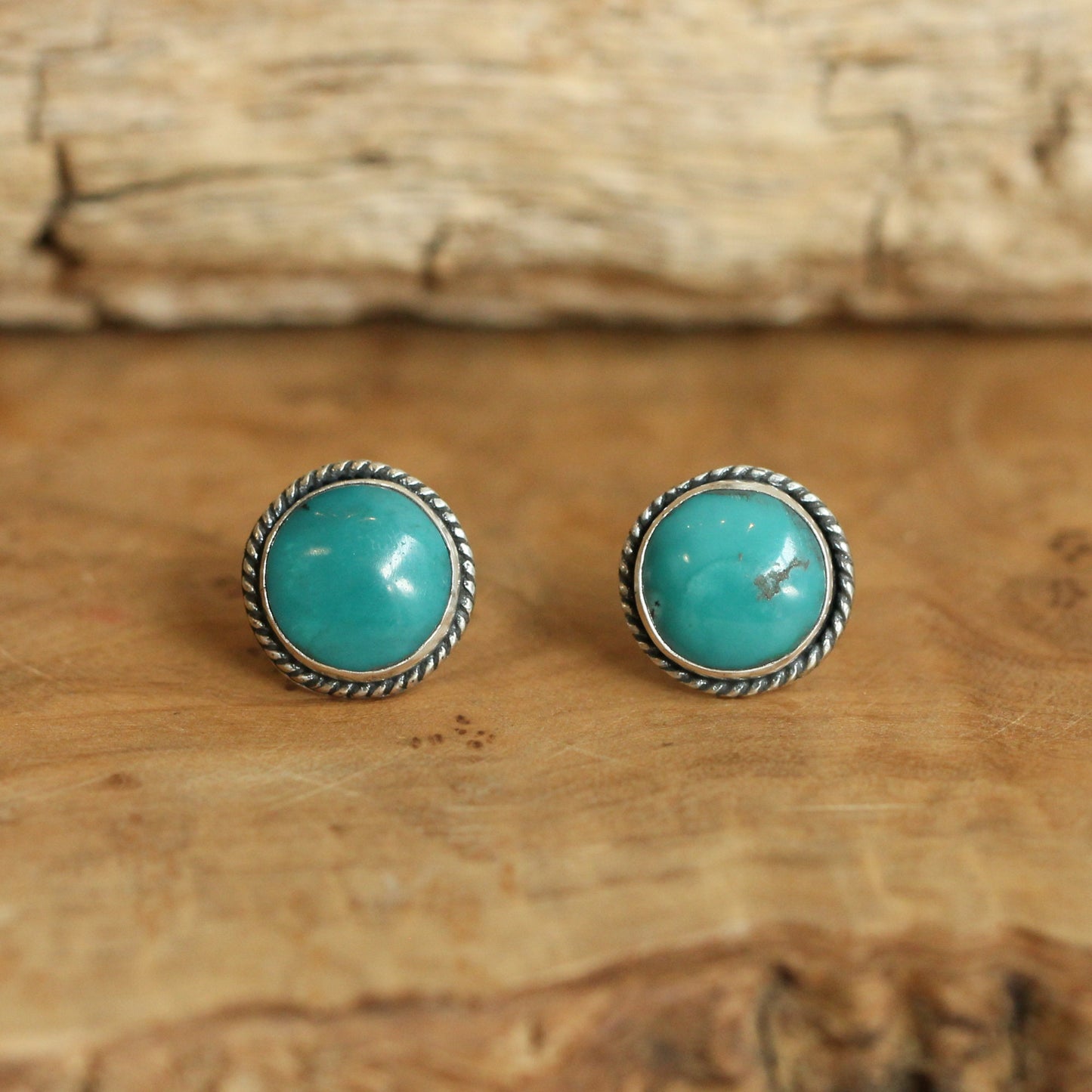10mm American Turquoise Sterling Silver Stud Earrings – Twist Wire Accent
