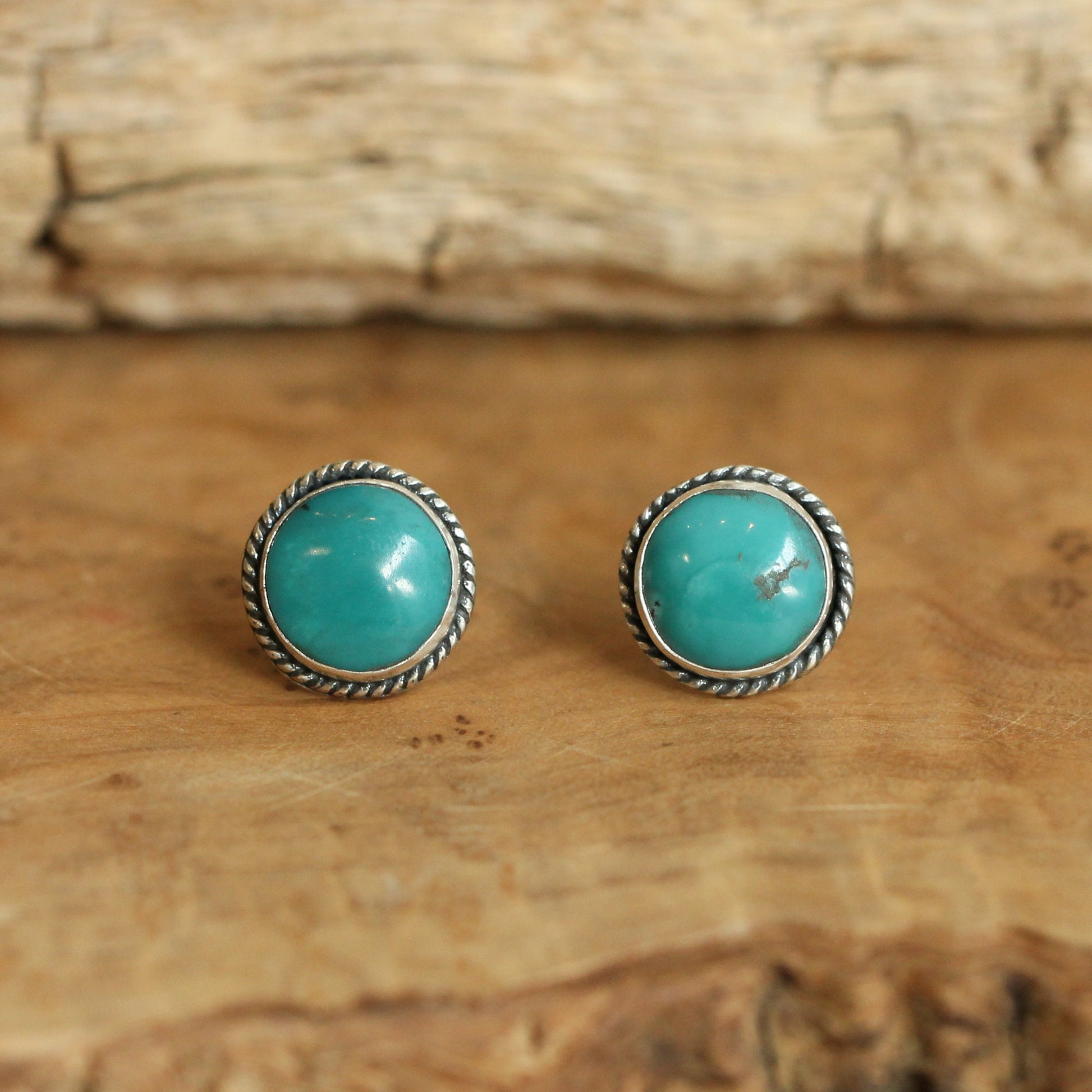 10mm American Turquoise Sterling Silver Stud Earrings – Twist Wire Accent