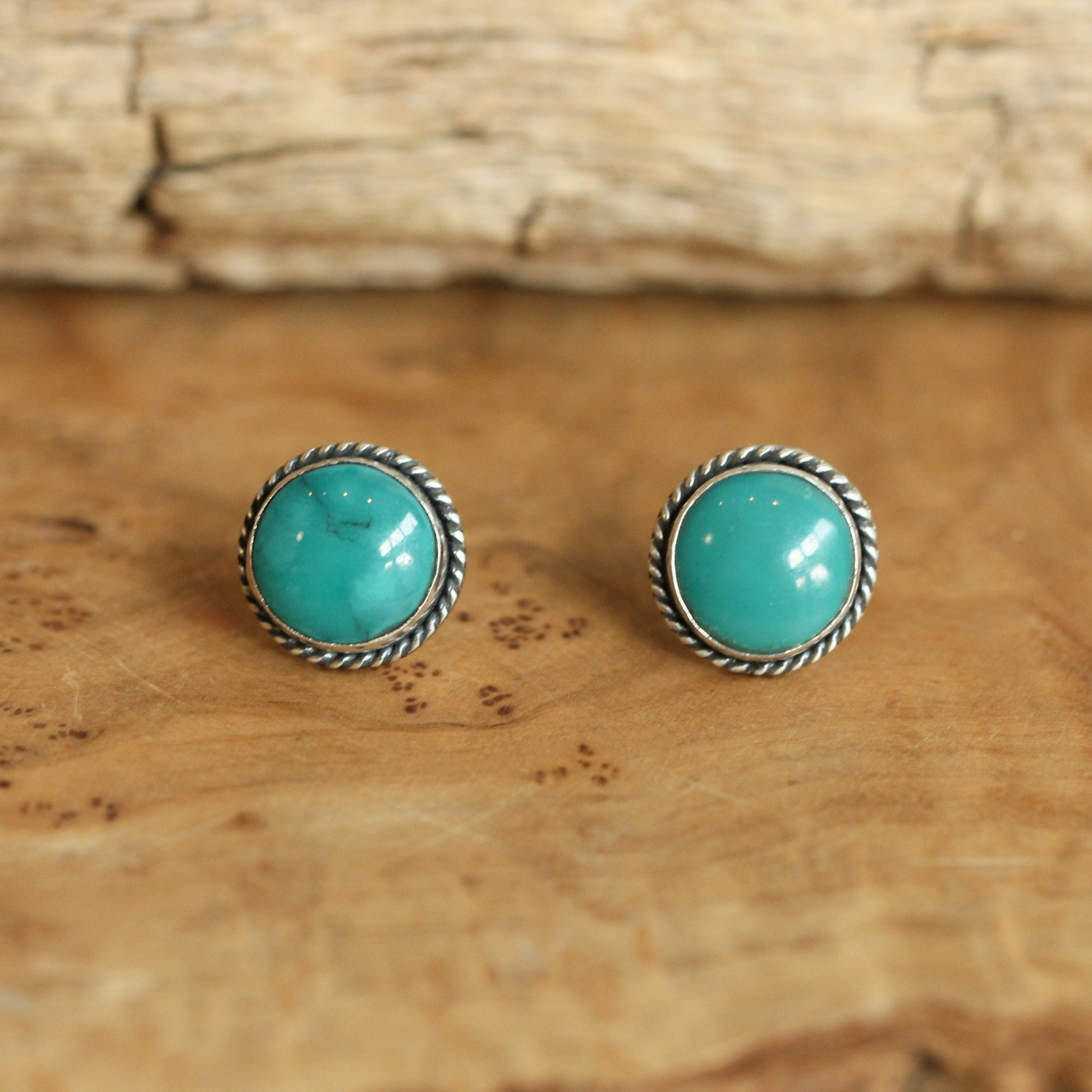 10mm American Turquoise Sterling Silver Stud Earrings – Twist Wire Accent