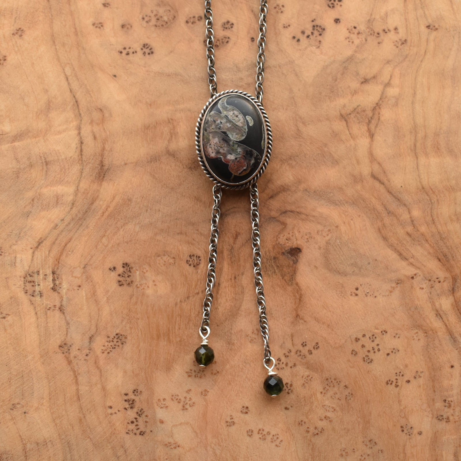 Black Fossil Bolo Necklace - Choose Your Stone - Sterling Silver