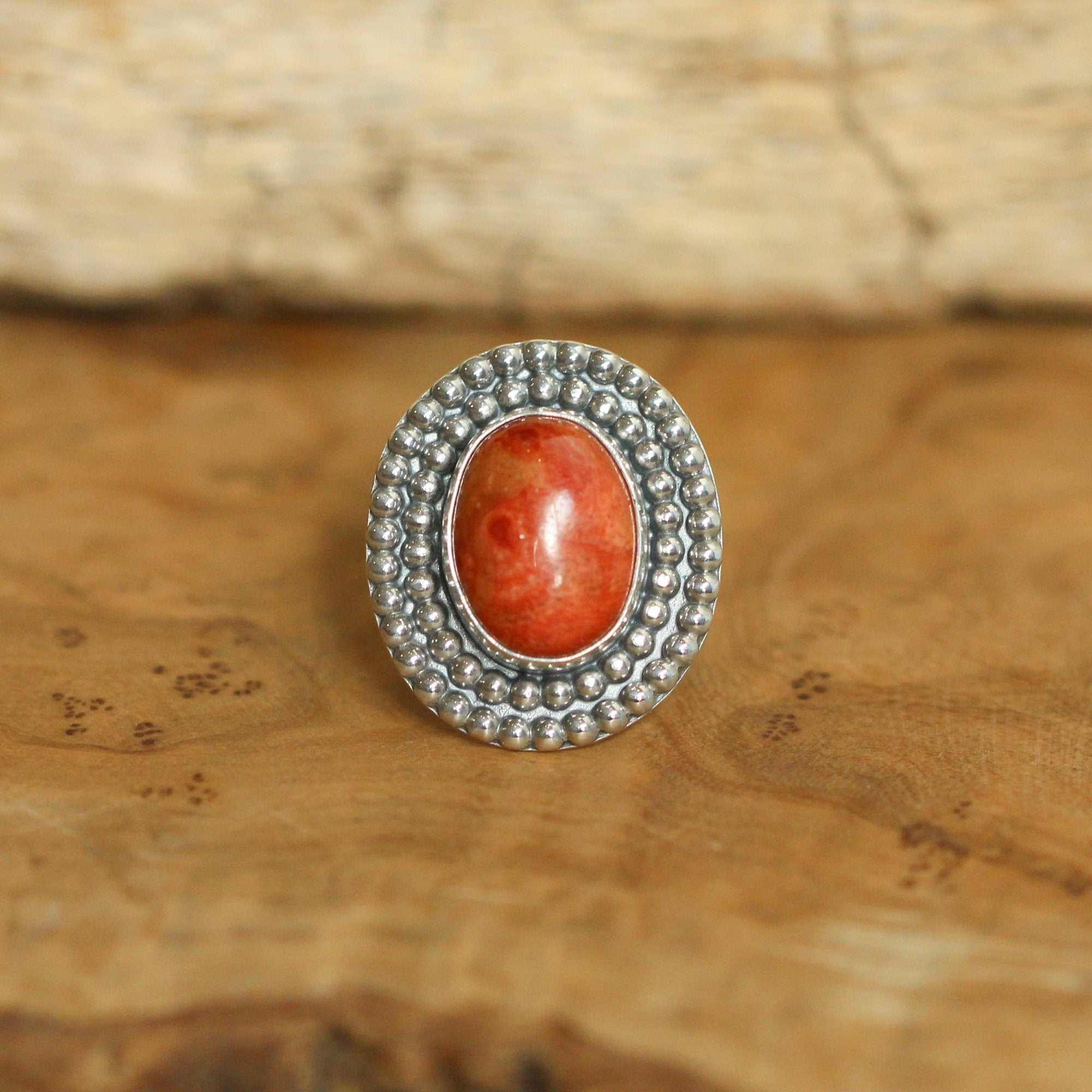Beaded Red Sponge Coral Ring - Silversmith Ring - Boho Red Coral Ring - Coral Statement Ring