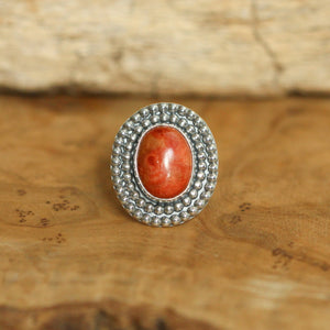 Beaded Red Sponge Coral Ring - Silversmith Ring - Boho Red Coral Ring - Coral Statement Ring