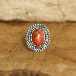 Beaded Red Sponge Coral Ring - Sterling Silver - Red Coral Statement Ring
