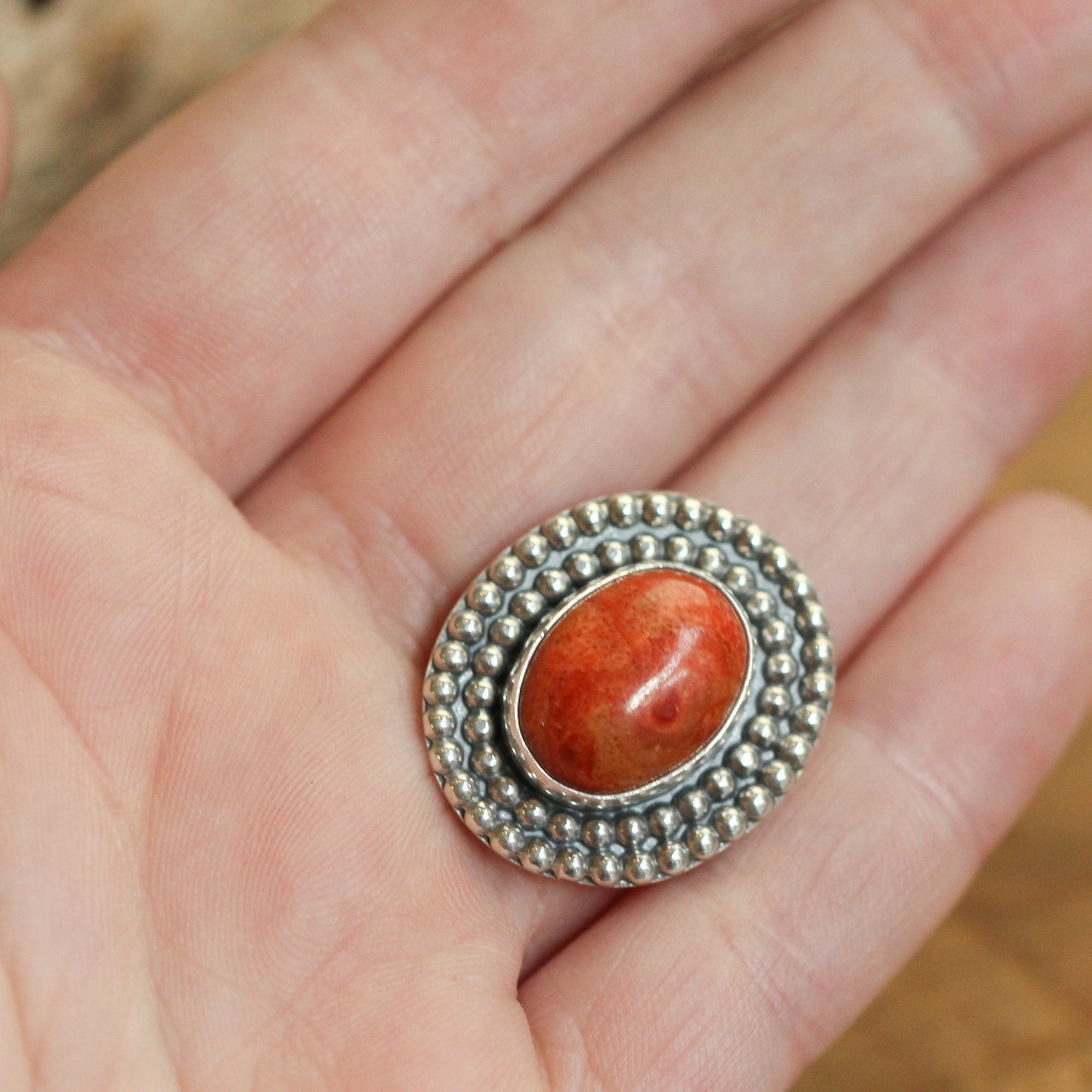 Beaded Red Sponge Coral Ring - Silversmith Ring - Boho Red Coral Ring - Coral Statement Ring