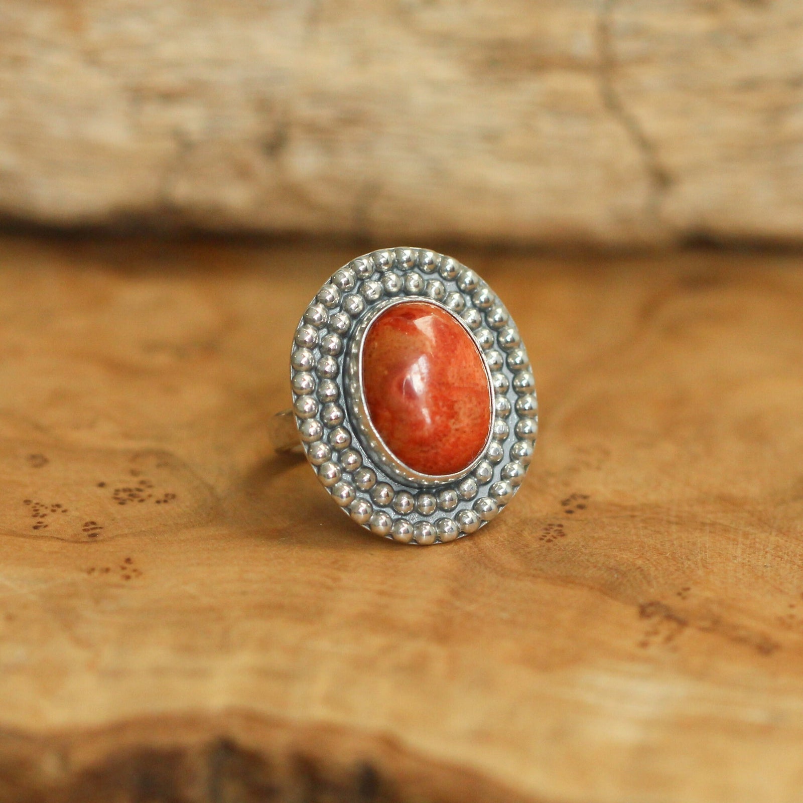 Beaded Red Sponge Coral Ring - Silversmith Ring - Boho Red Coral Ring - Coral Statement Ring
