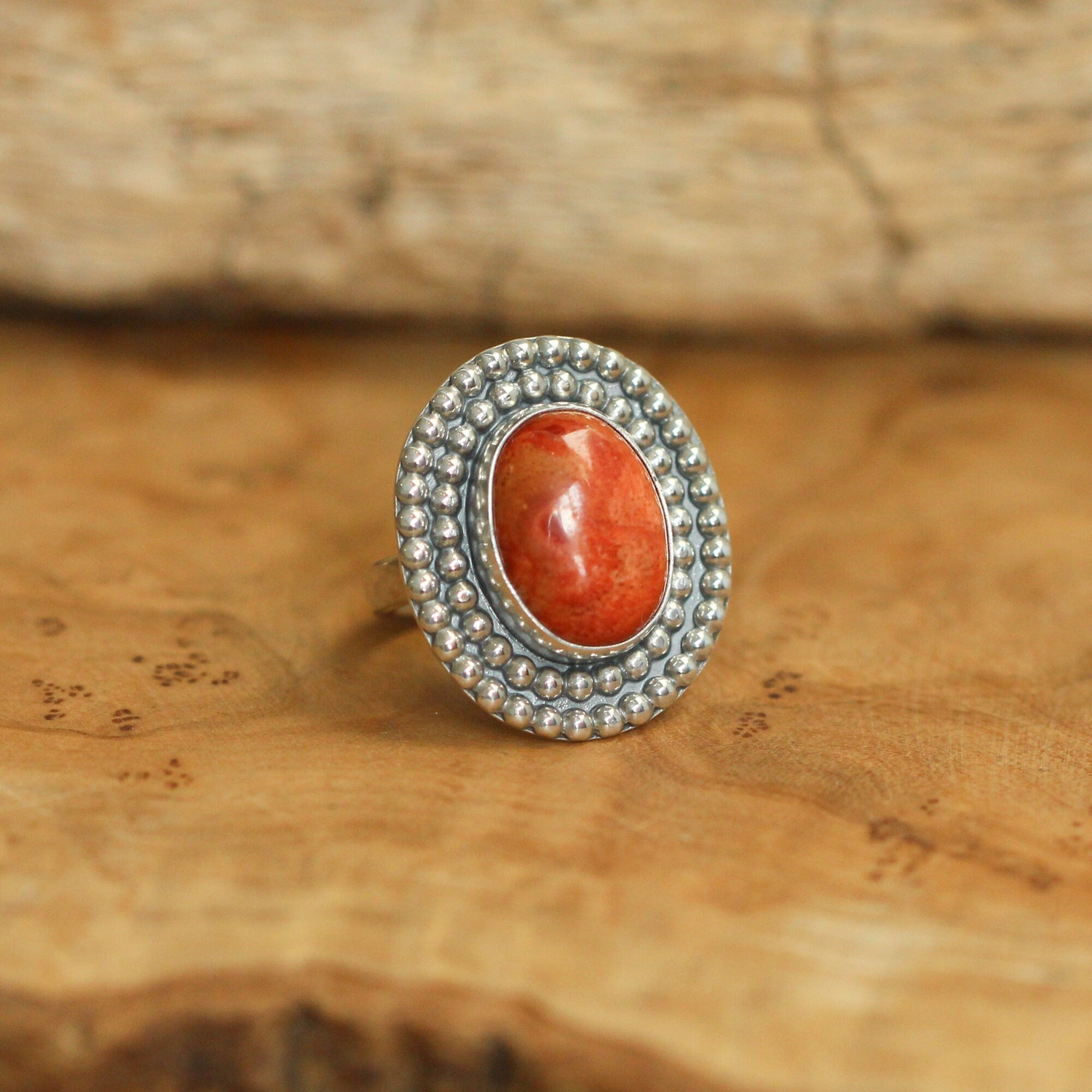 Beaded Red Sponge Coral Ring - Silversmith Ring - Boho Red Coral Ring - Coral Statement Ring