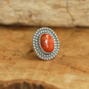 Beaded Red Sponge Coral Ring - Sterling Silver - Red Coral Statement Ring