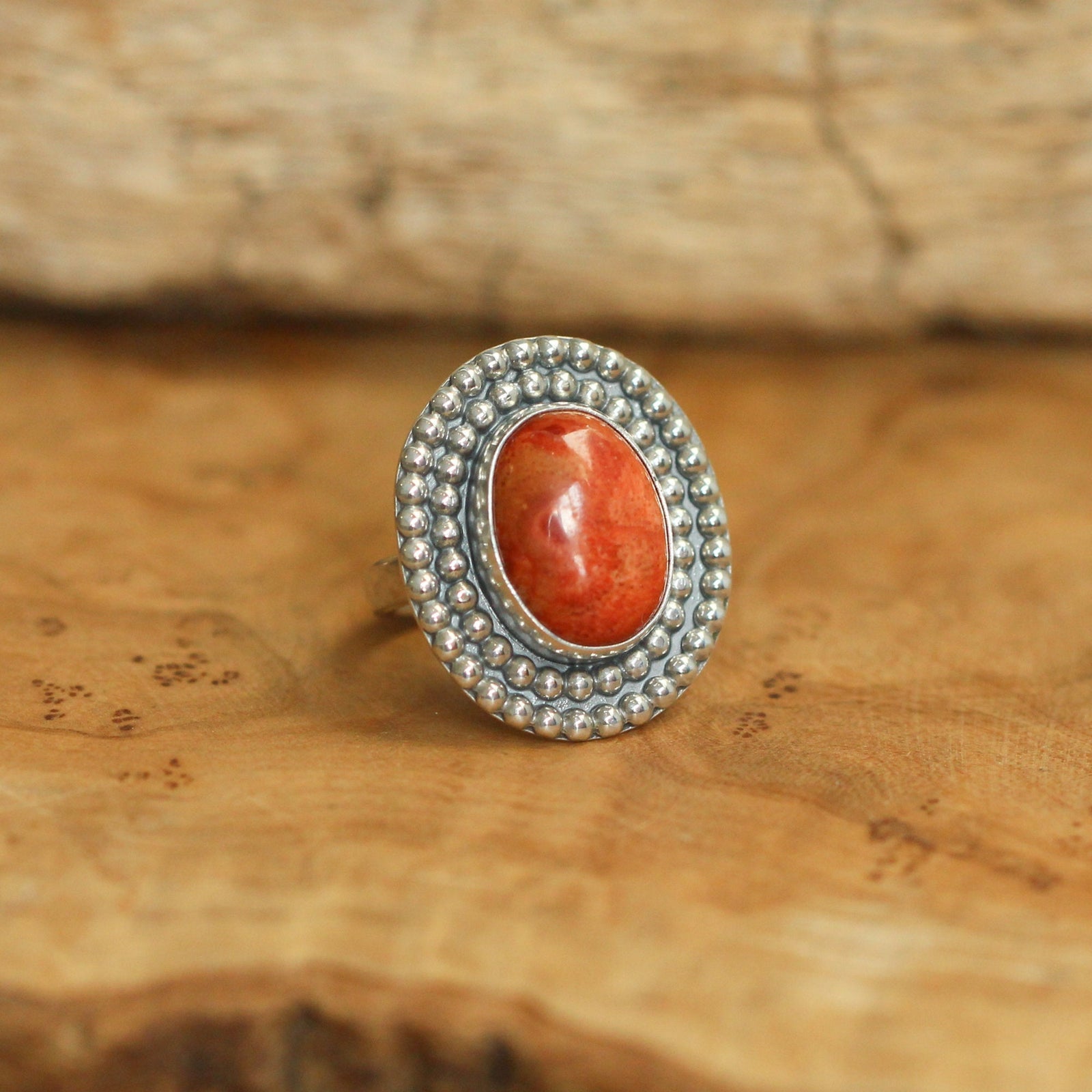 Red Sponge Coral Statement Ring - Size 7 - Sterling Silver