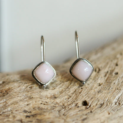 Pink Opal Drop Earrings – Sterling Silver, 8mm Cushion Cut, Silversmith Studio