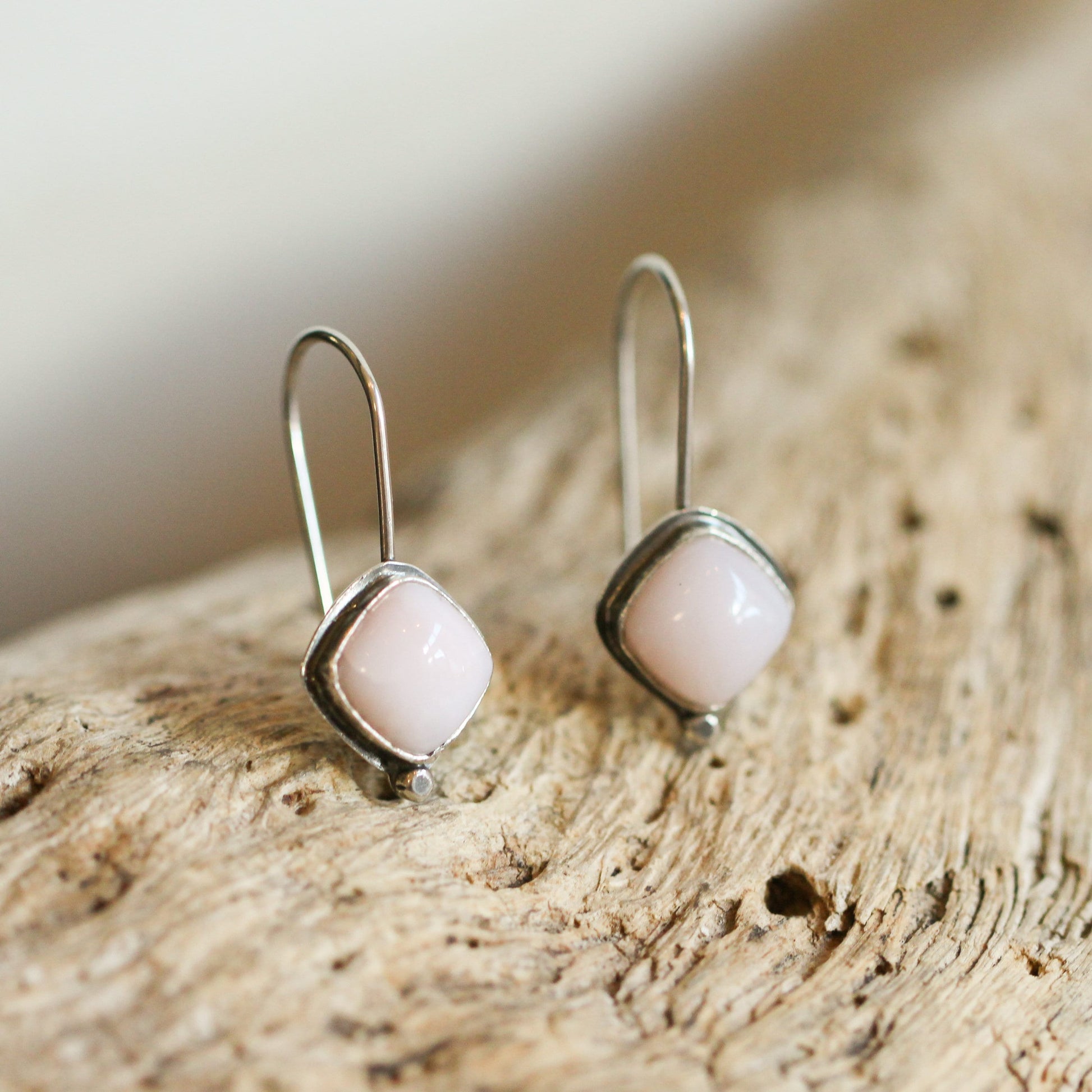 Pink Opal Drop Earrings – Sterling Silver, 8mm Cushion Cut, Silversmith Studio