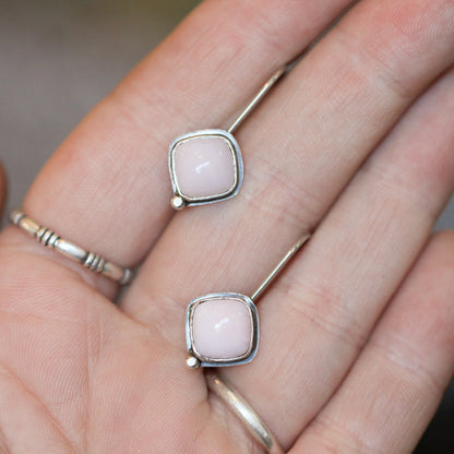 Pink Opal Drop Earrings – Sterling Silver, 8mm Cushion Cut, Silversmith Studio