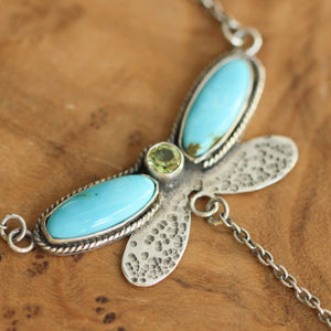 Turquoise Peridot Necklace - Dragonfly Choker - Turquoise & Peridot - Sterling Silver