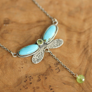 Turquoise Peridot Necklace - Dragonfly Choker - Turquoise & Peridot - Sterling Silver