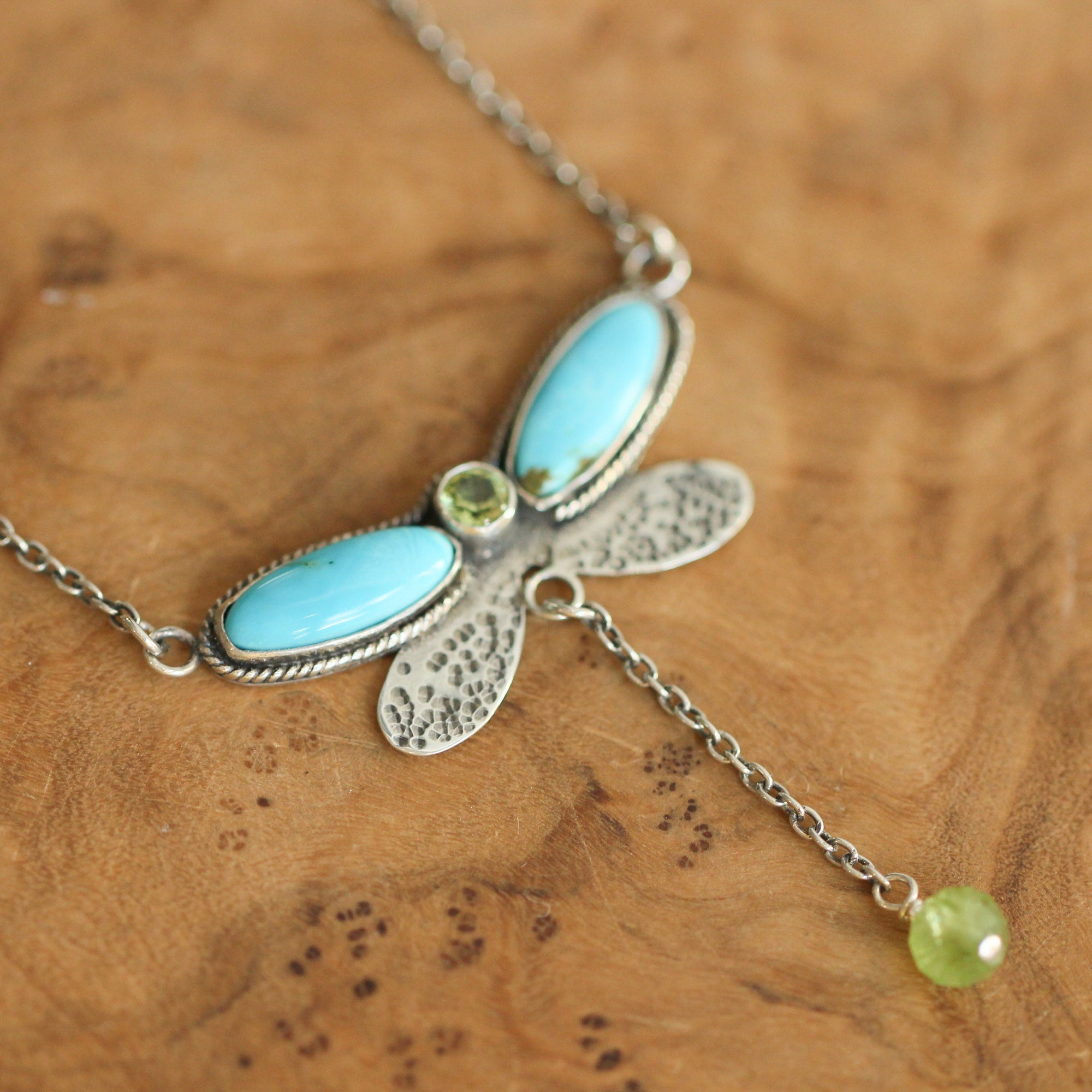 Turquoise Peridot Dragonfly Choker - Turquoise Peridot -Milti-Stone - Sterling Silver