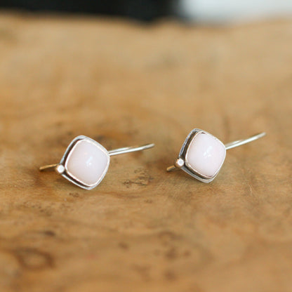 Pink Opal Drop Earrings – Sterling Silver, 8mm Cushion Cut, Silversmith Studio