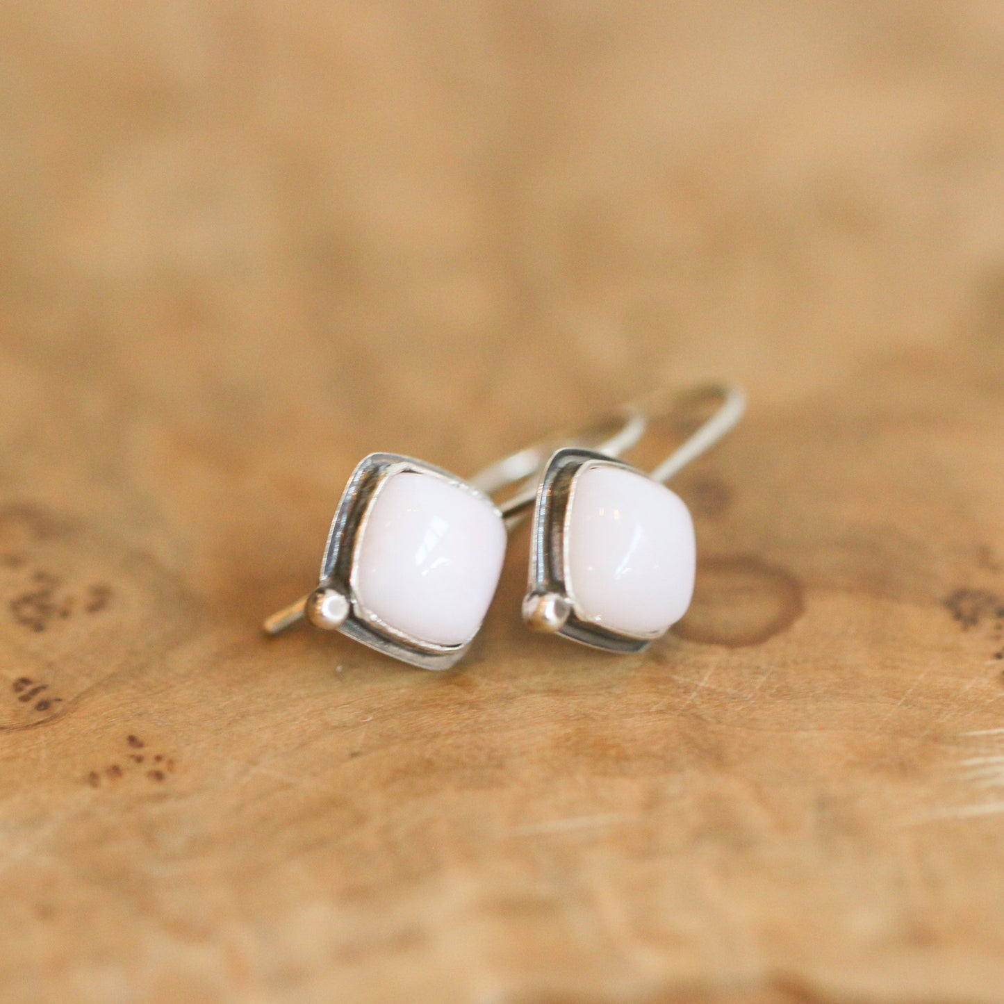 Pink Opal Drop Earrings – Sterling Silver, 8mm Cushion Cut, Silversmith Studio