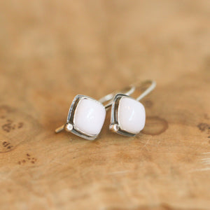 Pink Opal Drop Earrings – Sterling Silver, 8mm Cushion Cut, Silversmith Studio