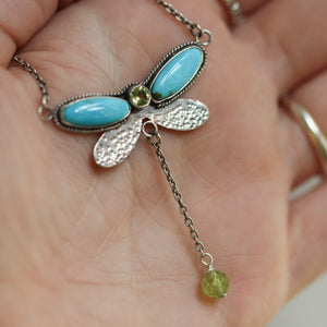 Turquoise Peridot Necklace - Dragonfly Choker - Turquoise & Peridot - Sterling Silver