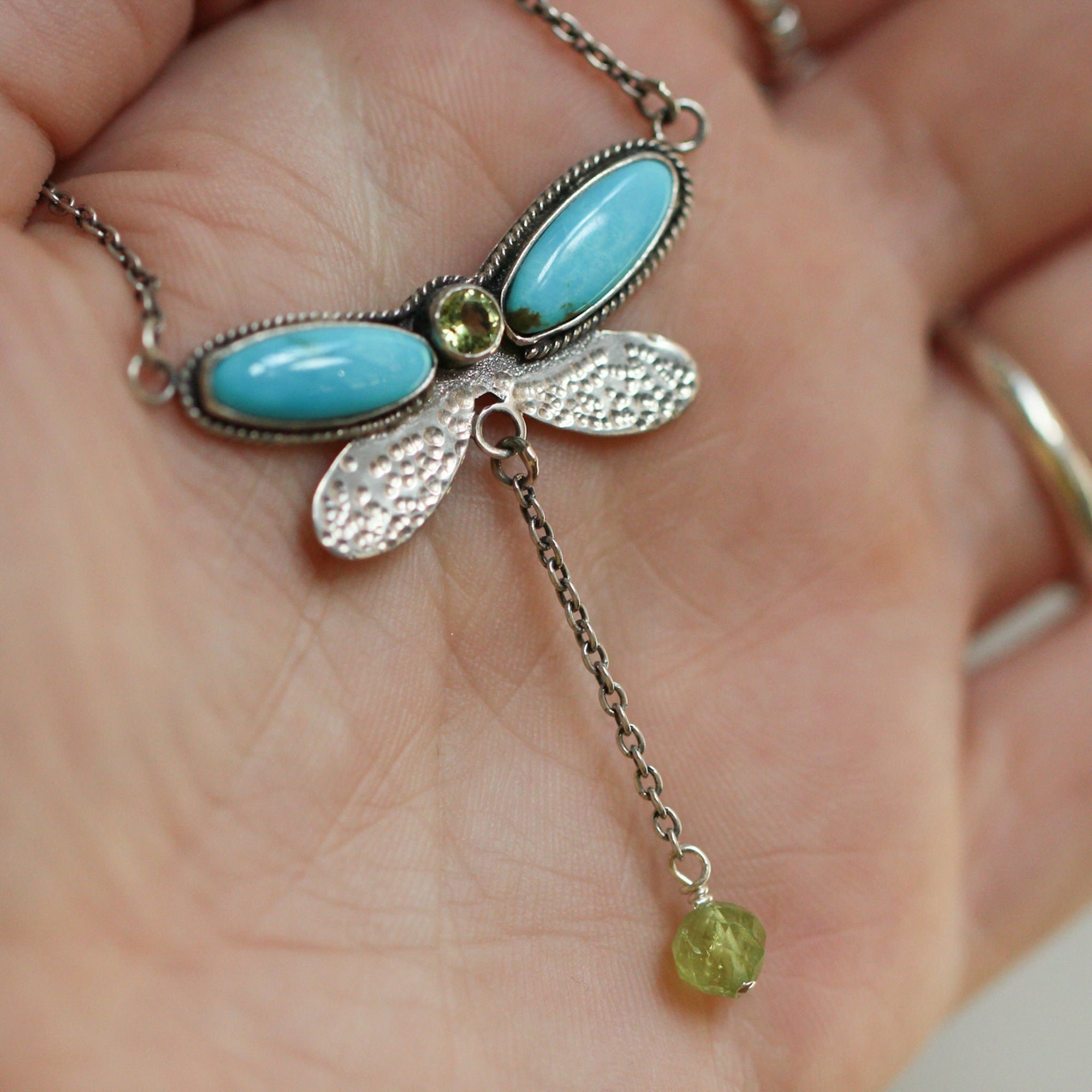 Turquoise Peridot Dragonfly Choker - Turquoise Peridot -Milti-Stone - Sterling Silver