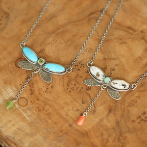Turquoise Peridot Necklace - Dragonfly Choker - Turquoise & Peridot - Sterling Silver
