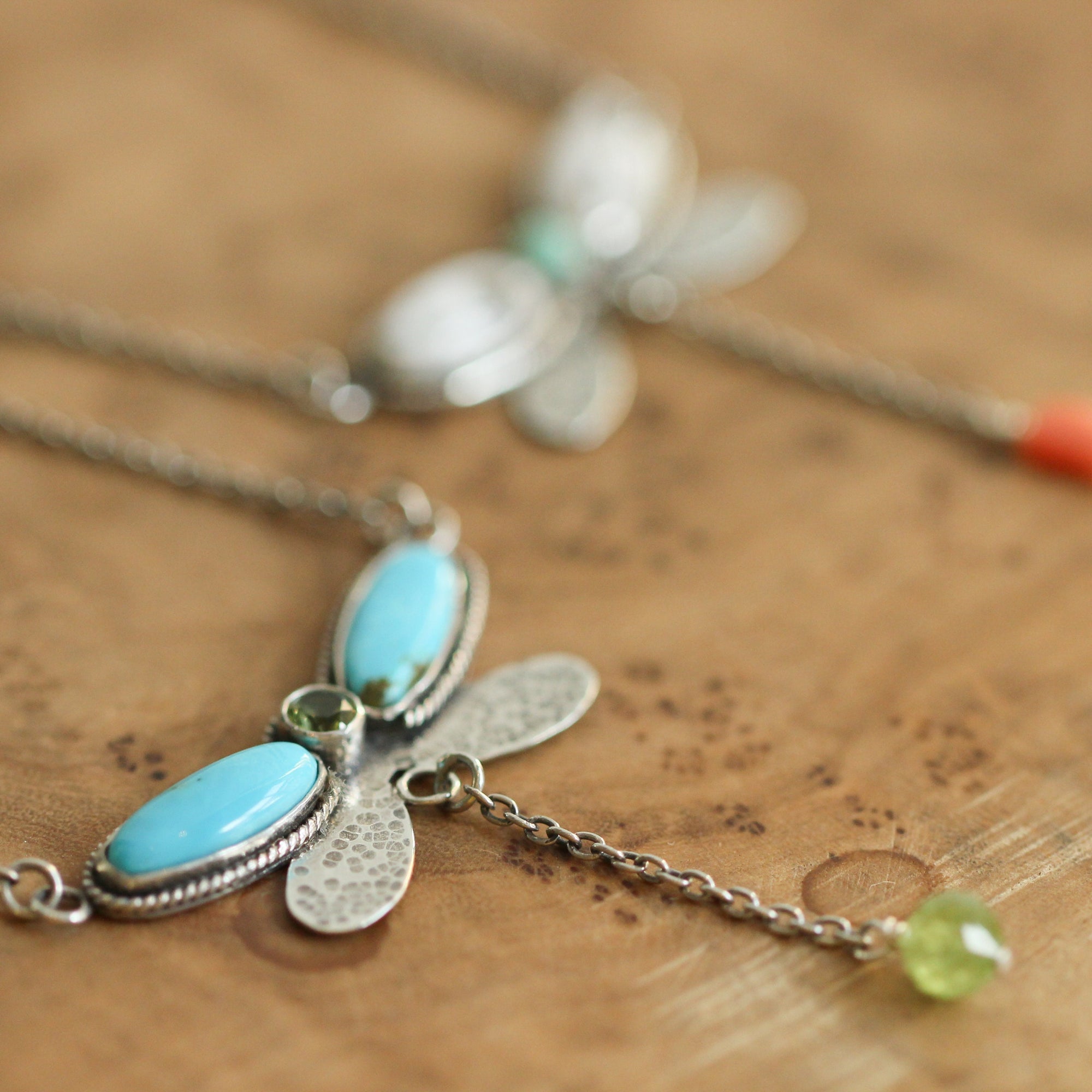 Turquoise Peridot Dragonfly Choker - Turquoise Peridot -Milti-Stone - Sterling Silver