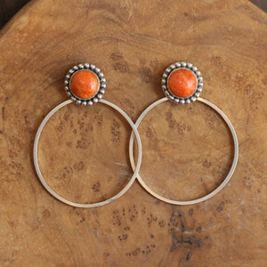 Sponge Coral Hoops - Red Coral Beaded Post Hoops - Silversmith Earrings
