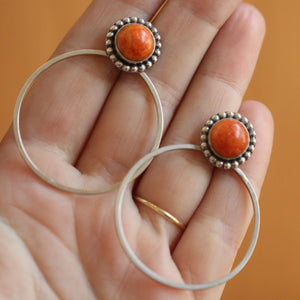 Sponge Coral Hoops - Red Coral Beaded Post Hoops - Silversmith Earrings