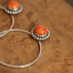 Sponge Coral Hoops - Red Coral Beaded Post Hoops - Silversmith Earrings