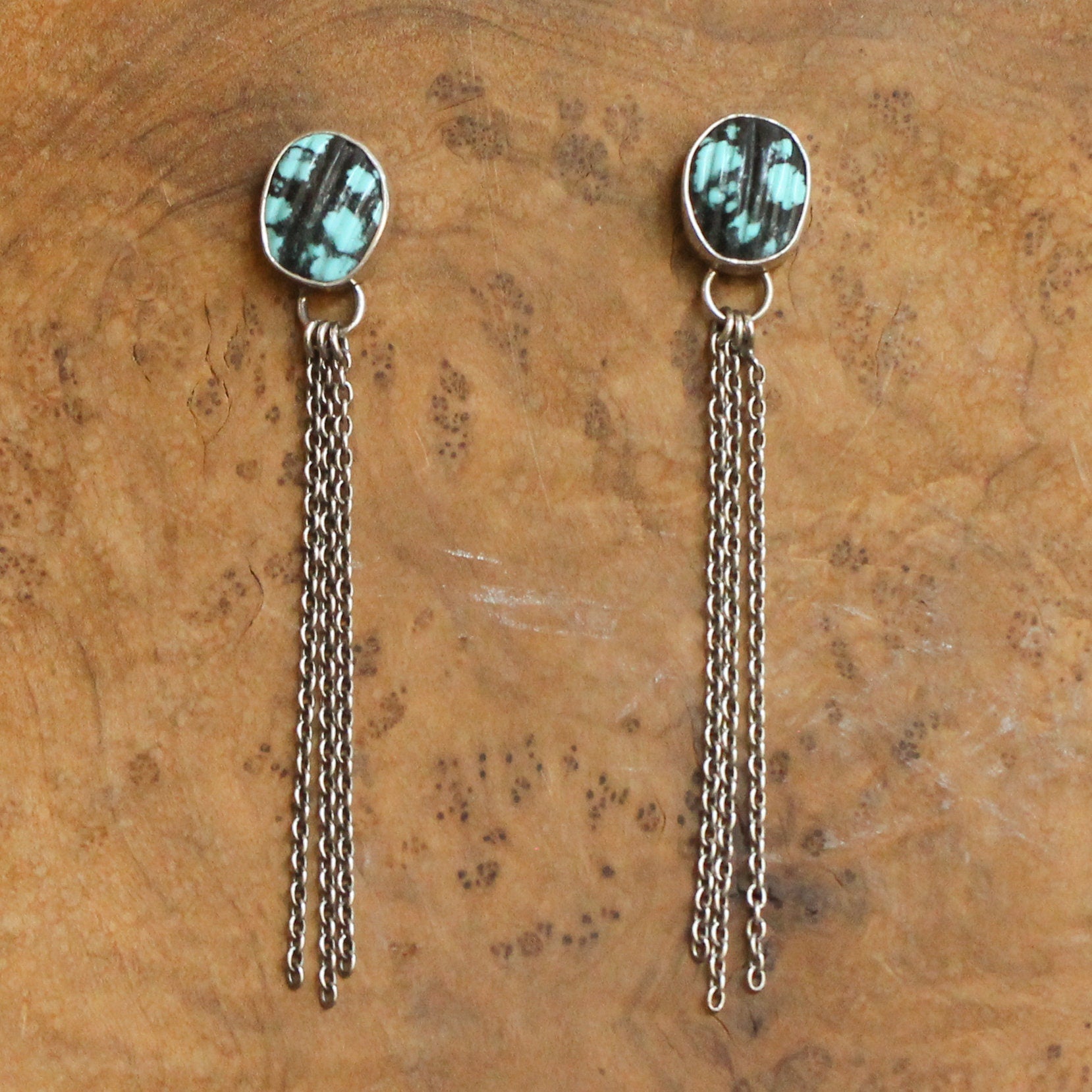 Long Turquoise Earrings - .925 Sterling Silver - Turquoise Chain Earrings