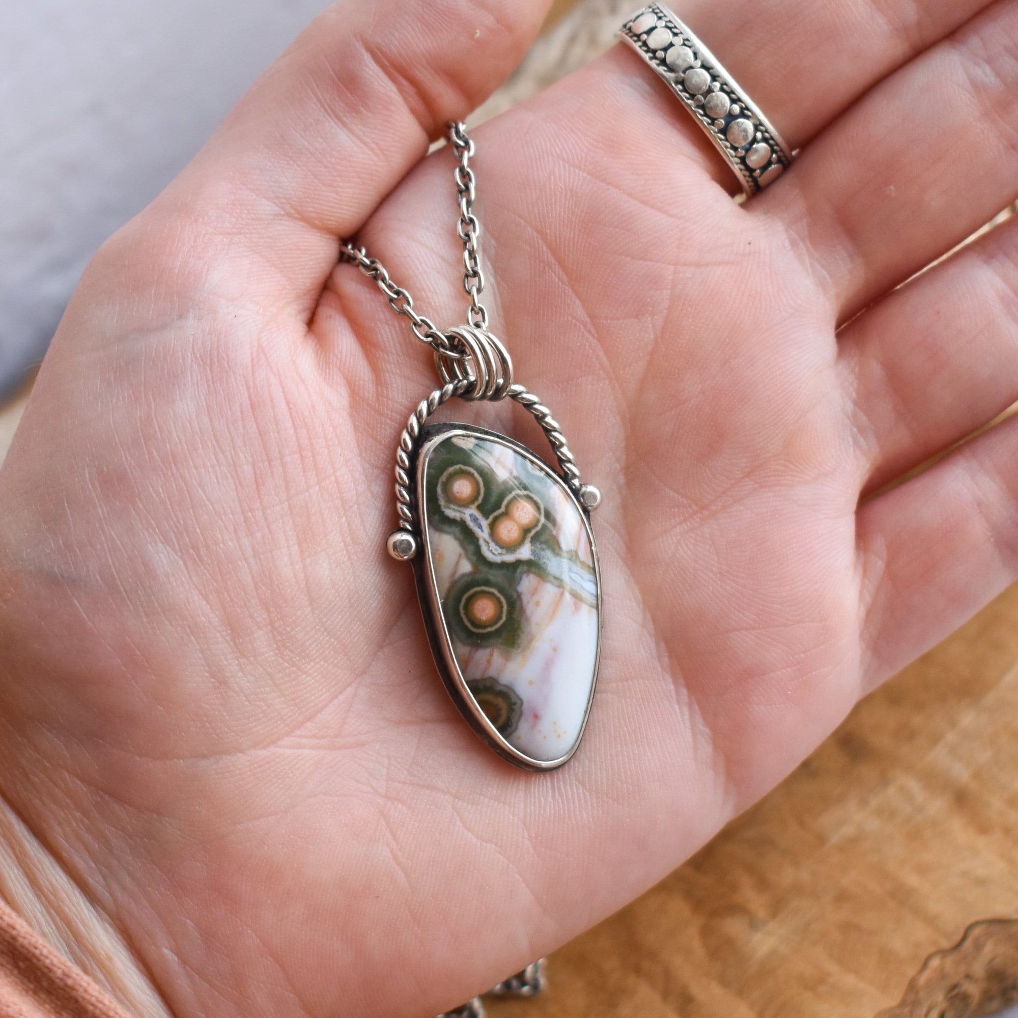 Custom Ocean Jasper Basket Pendant - Sterling Silver