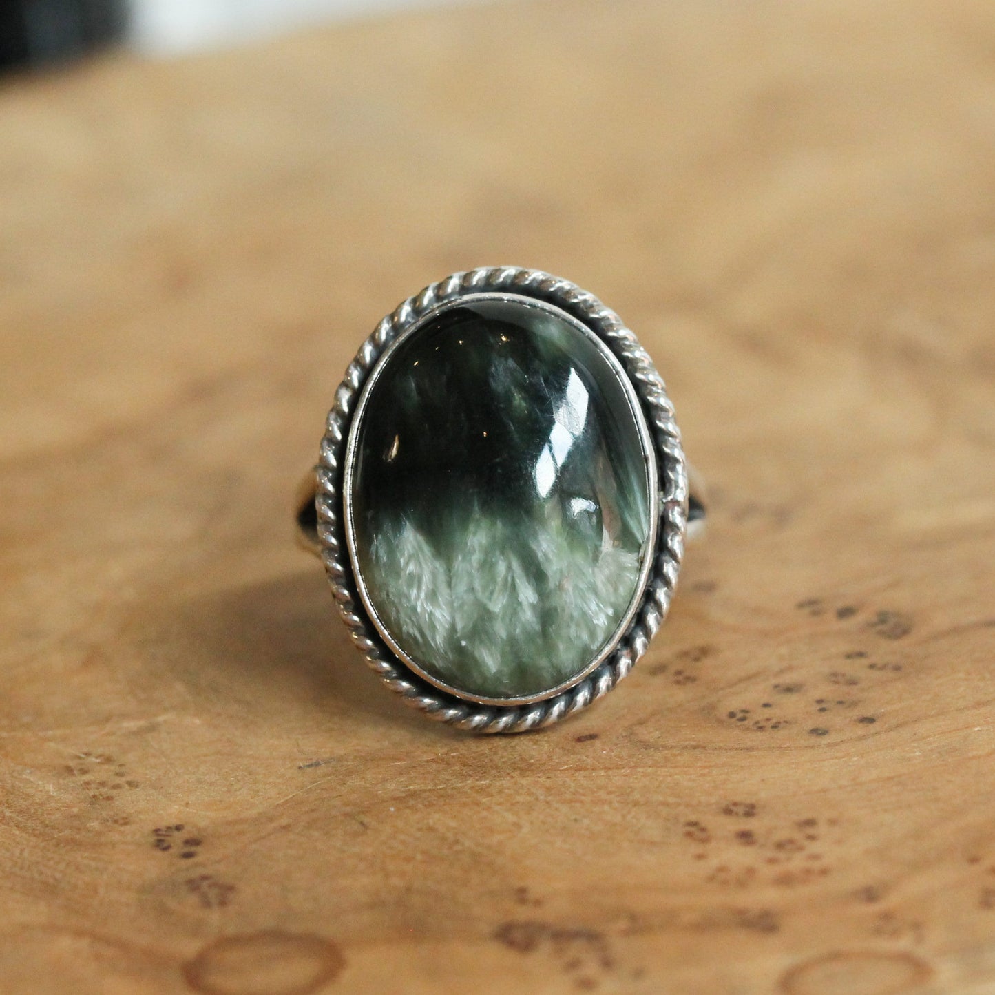 Seraphinite Sterling Silver Ring - Handmade Boho Statement Jewelry
