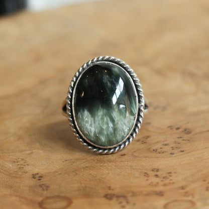 Seraphinite Sterling Silver Ring - Handmade Boho Statement Jewelry