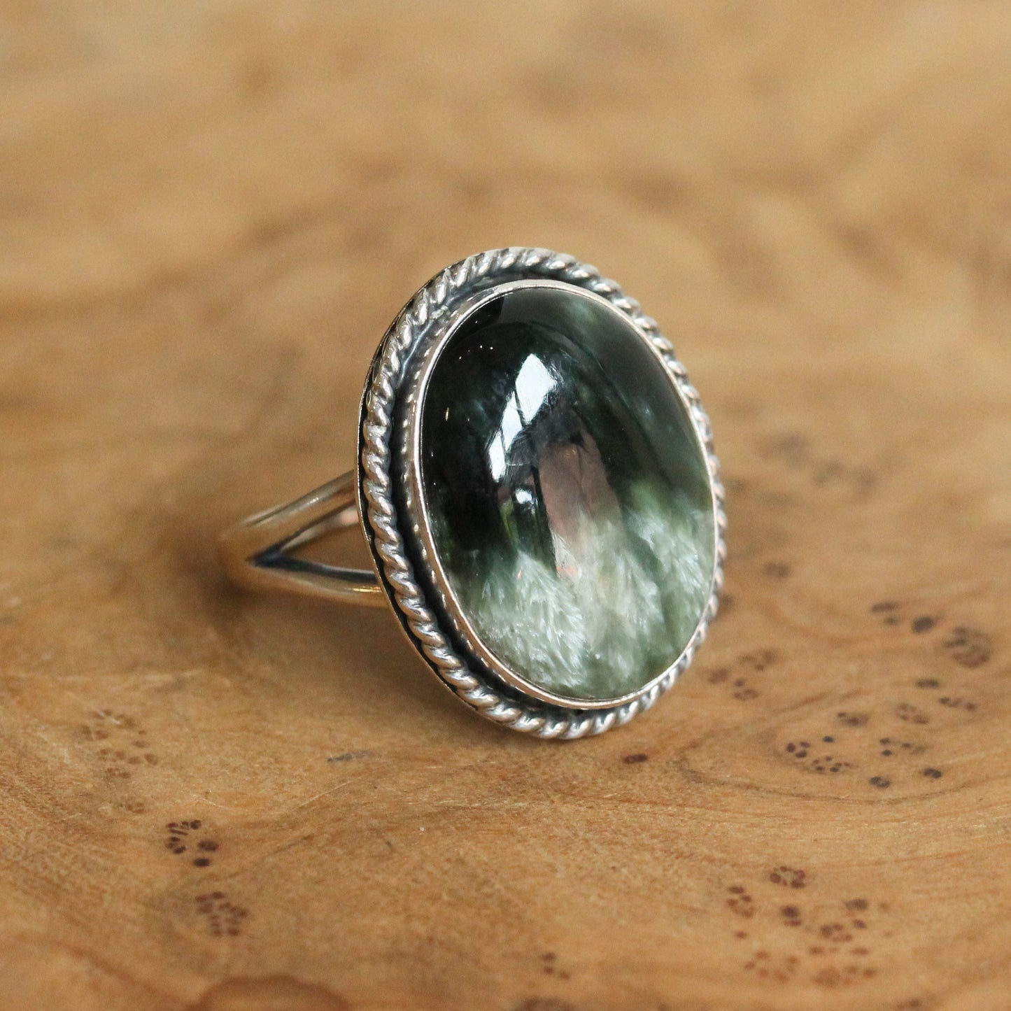 Seraphinite Sterling Silver Ring - Handmade Boho Statement Jewelry