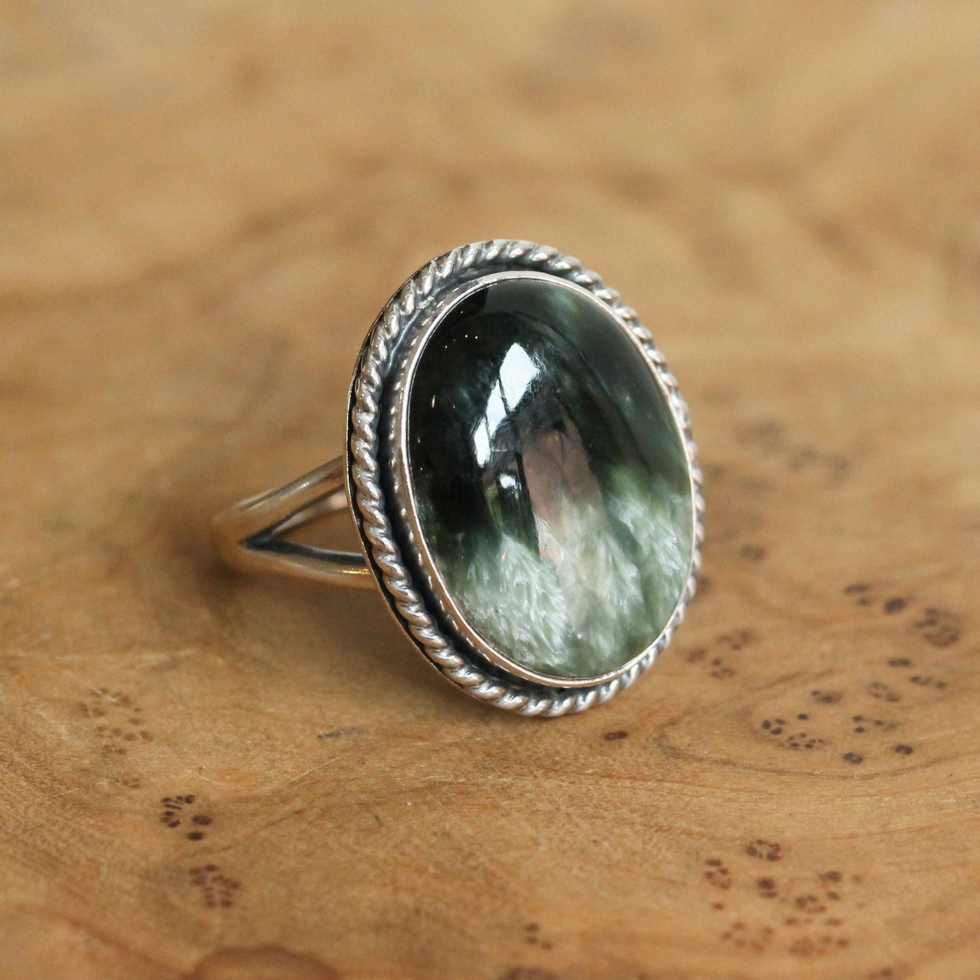 Seraphinite Sterling Silver Ring - Handmade Boho Statement Jewelry