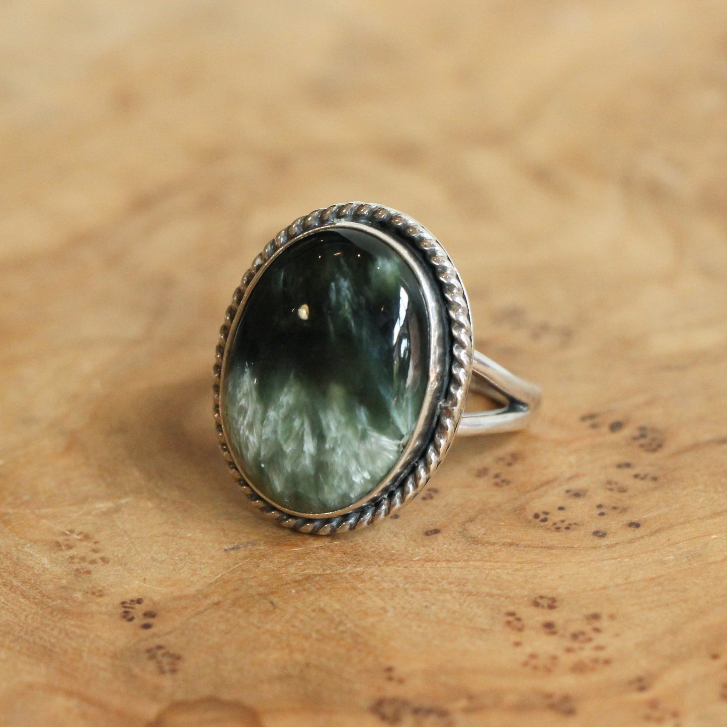 Seraphinite Sterling Silver Ring - Handmade Boho Statement Jewelry