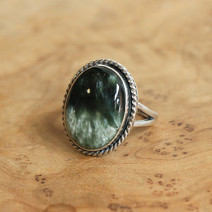 Seraphinite Sterling Silver Ring - Handmade Boho Statement Jewelry