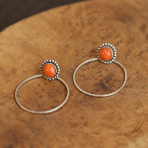 Sponge Coral Hoops - Red Coral Beaded Post Hoops - Silversmith Earrings