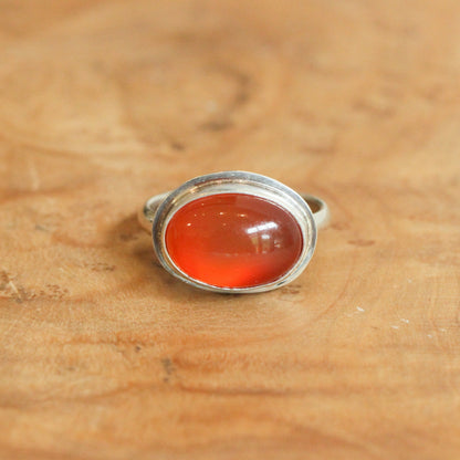 Orange Carnelian Sterling Silver Ring - East West Oval Silversmith Ring