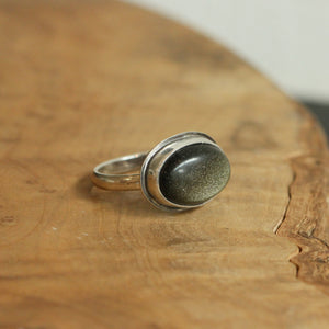 East West Golden Obsidian Ring - Sterling Silver Statement Ring