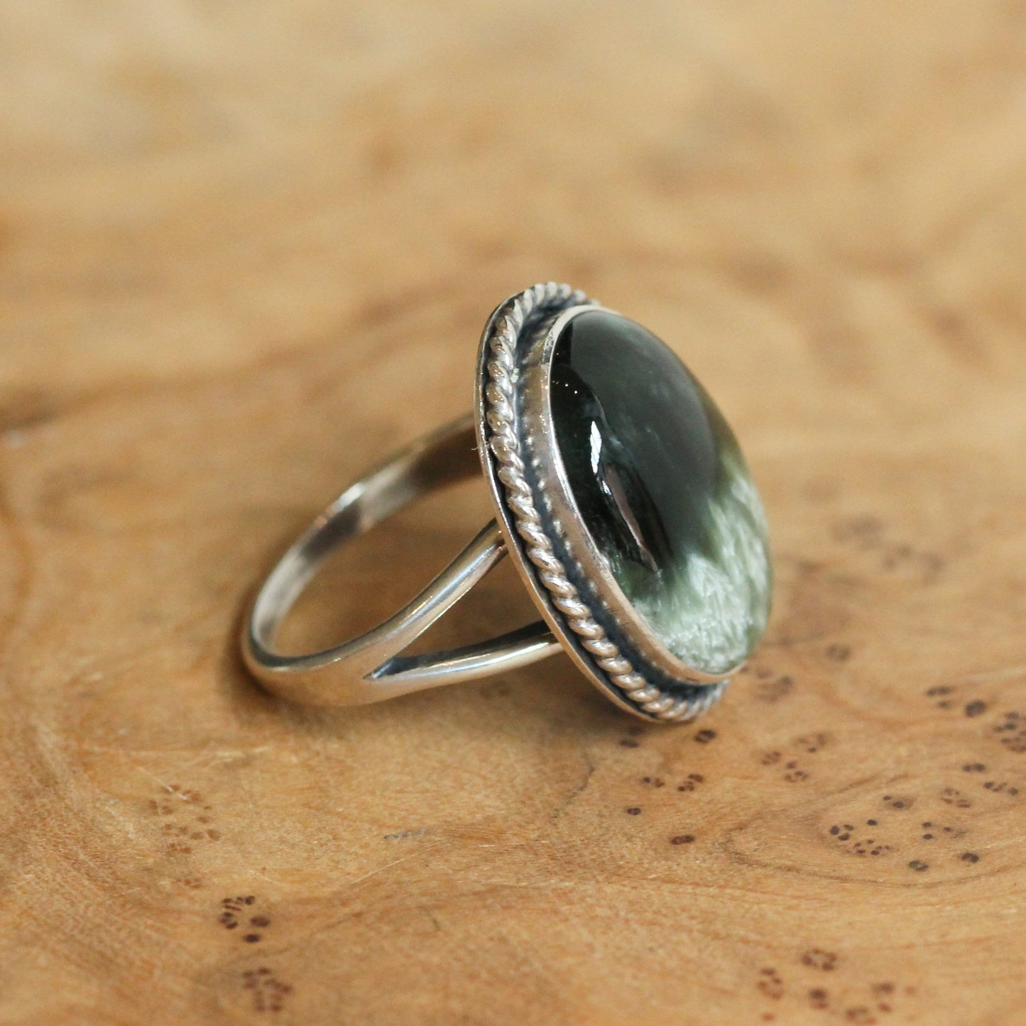 Seraphinite Sterling Silver Ring - Handmade Boho Statement Jewelry