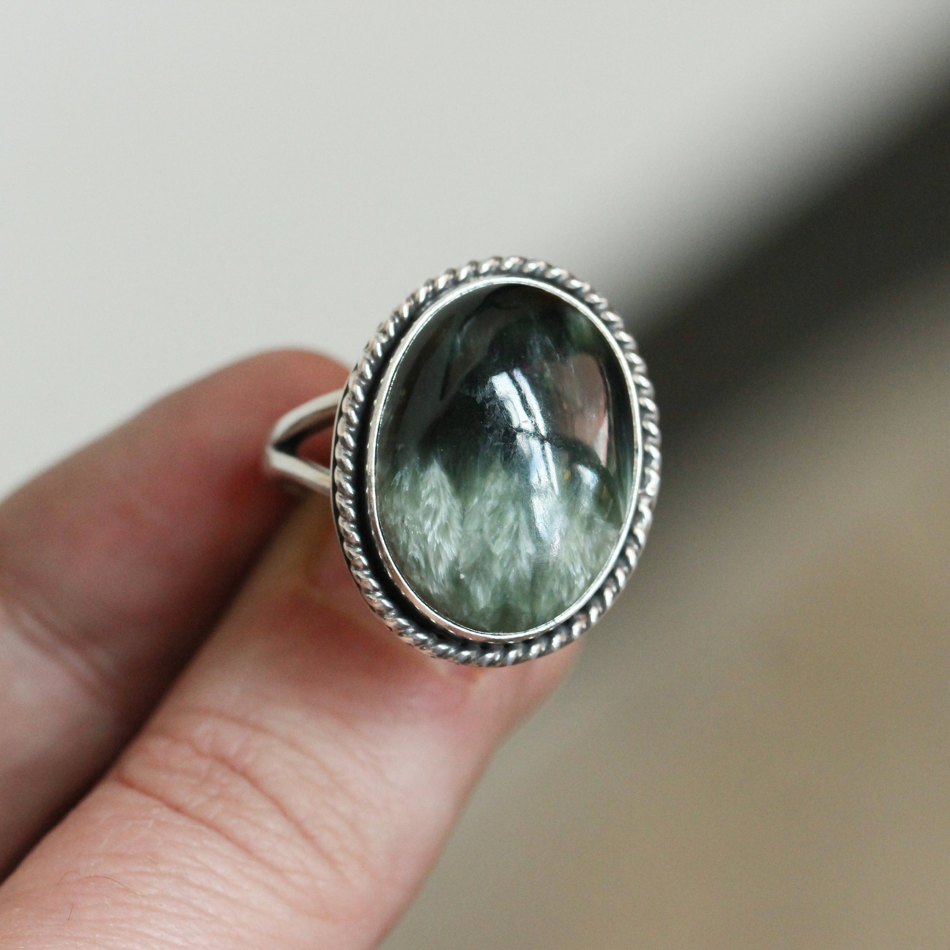 Seraphinite Sterling Silver Ring - Handmade Boho Statement Jewelry