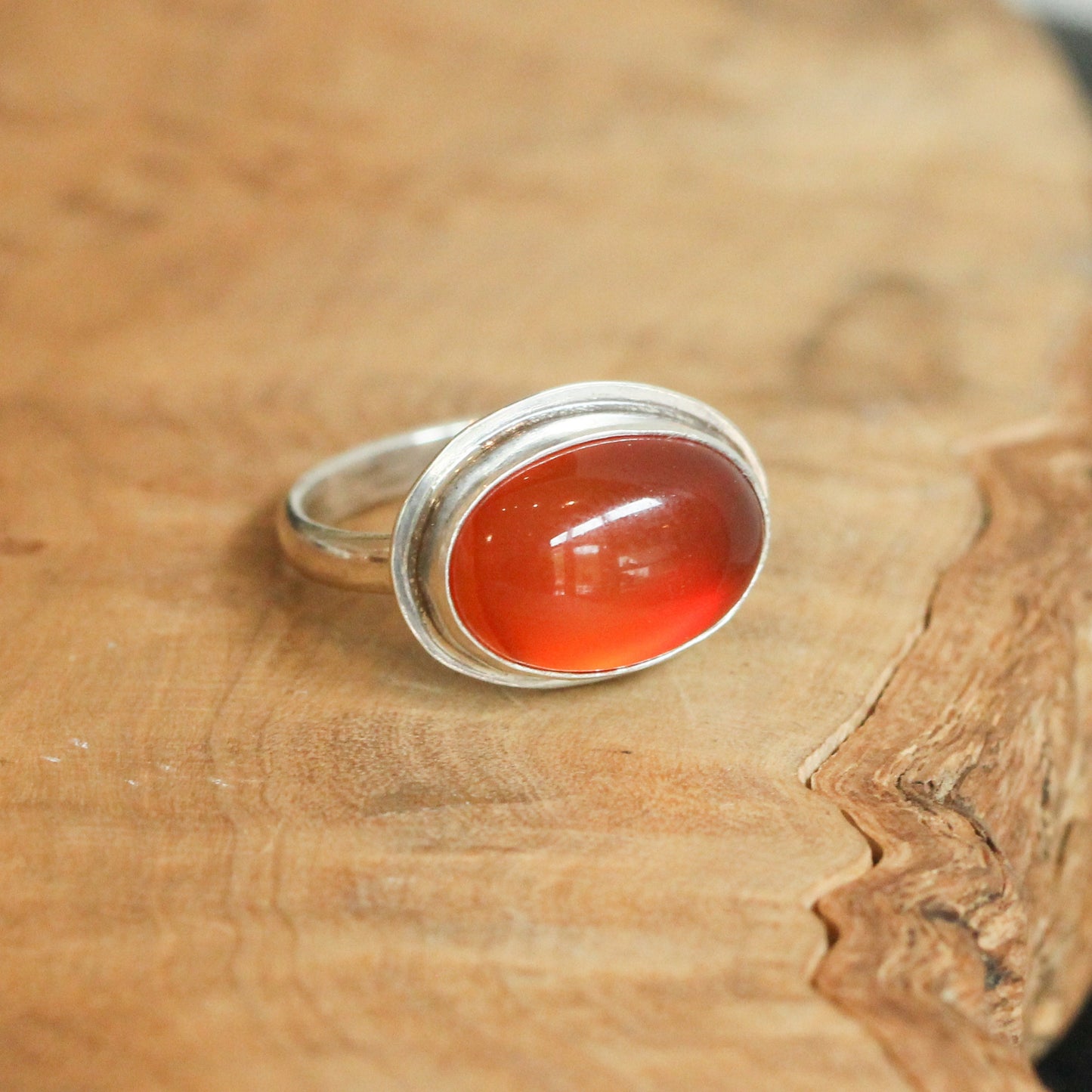 Orange Carnelian Sterling Silver Ring - East West Oval Silversmith Ring