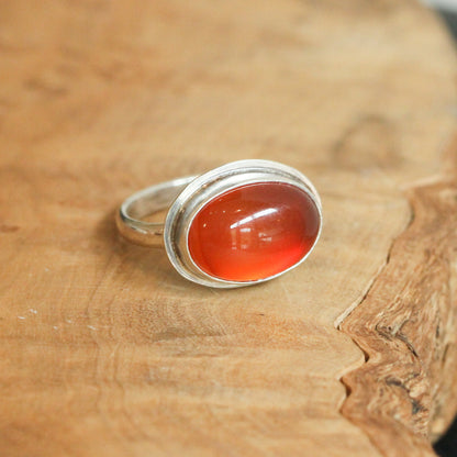 Orange Carnelian Sterling Silver Ring - East West Oval Silversmith Ring