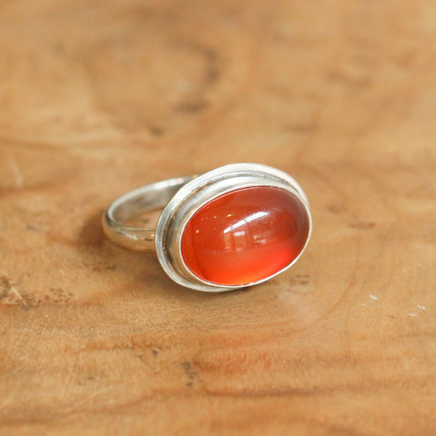 Orange Carnelian Sterling Silver Ring - East West Oval Silversmith Ring